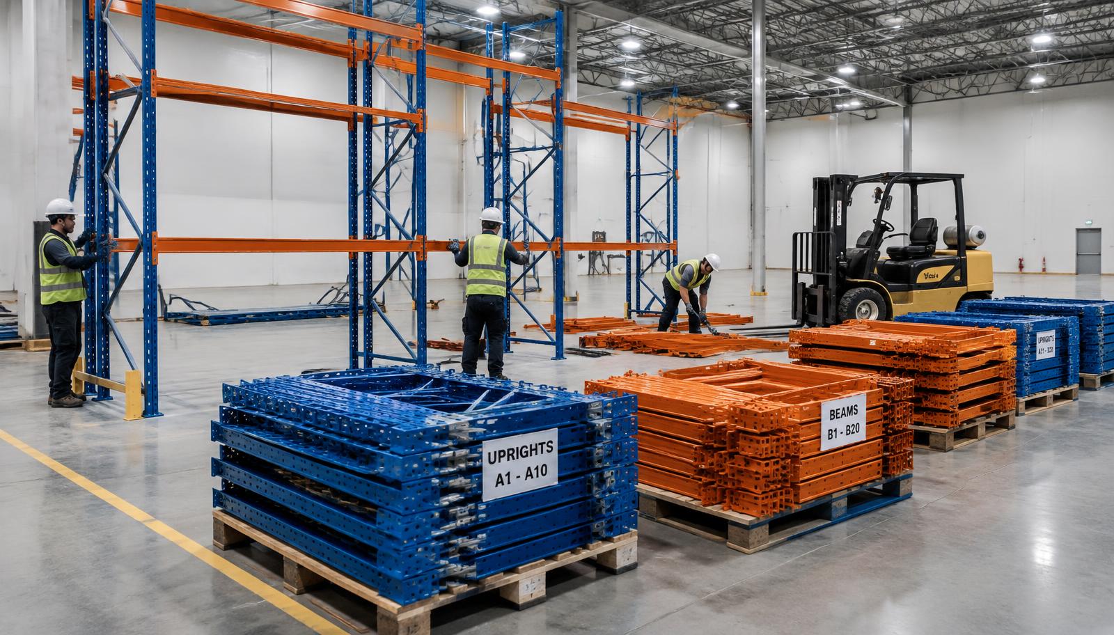 Crew tearing down and labeling pallet rack for a Chicago warehouse relocation