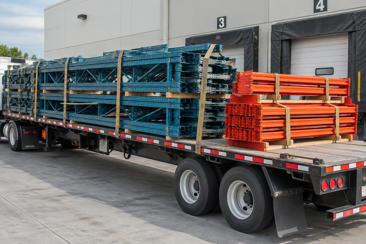 Pallet rack uprights and beams bundled on a flatbed for a warehouse relocation